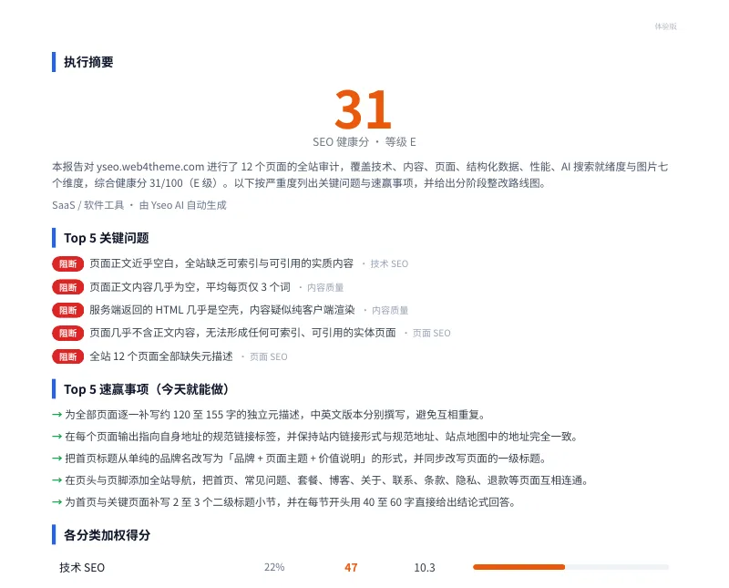 Yseo 生成的真实 SEO 诊断报告第一页，含总体健康分